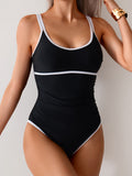 Emoswim-Womens Tummy Control Swimsuit Color Block One Piece Bathing Suits Slimming Double Straps Swimwear High Cut Swim Suit