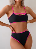 Emoswim-Women's Bikini Sets High Waisted Color Block Swimwear Sexy Cut Out Bathing Suit Sporty Two Piece Swimsuits
