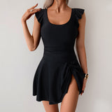 Emoswim - Women One Piece Swim Dress Tummy Control Swimsuit Slimming Ruffle Side Tie Kont Swimdress Bathing Suit