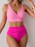 Emoswim-Women's High Waisted Bikini Sets Solid Pleated 2 Piece Swimsuits Sexy Beach Sets with Removable Pads