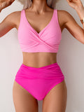 Emoswim-Women's High Waisted Bikini Sets Solid Pleated 2 Piece Swimsuits Sexy Beach Sets with Removable Pads
