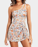 Emoswim - One Shoulder One Piece Swim Dress for Women Tummy Control Swimsuit with Skirt-Orange Floral