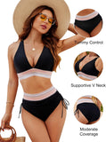 Emoswim-High Waisted Tummy Control Color Block Bikini Sets