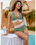 Emoswim - High Waisted Tummy Control Color Block Bikini Sets-Green