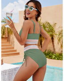 Emoswim - High Waisted Tummy Control Color Block Bikini Sets-Green