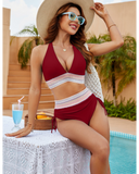 Emoswim - High Waisted Tummy Control Color Block Bikini Sets-Weinrot