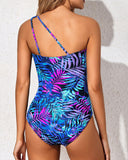 Emoswim – Einteiliger Badeanzug mit einer Schulter für Damen, Bauchkontrolle, Lila Blätter