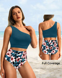 Emoswim - One Shoulder High Waisted Bikini Sets Two Piece Swimsuit Tummy Control-Teal Flower