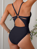 Emoswim-Womens One Piece Swimsuits Tummy Control Summer Beach Bathing Suit for Women Solid Color V Neck Back O Ring Swimwear