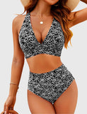 Emoswim - Women Embroidery Print High Waisted Bikini Sets V Neck Tummy Control Bathing Suit Two Piece Curvy Swimsuits