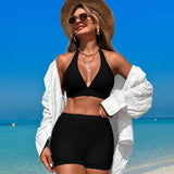 Emoswim Damen Bikini Sets Trim 2-teiliger High-Waisted Badeanzug Neckholder V-Ausschnitt Verstellbare Kordelzug-Träger Badeanzug mit Boyshort