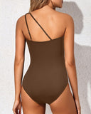 Emoswim - One Shoulder One Piece Swimsuit for Women Tummy Control Bathing Suits-Coffee