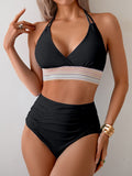 Emoswim – Zweiteiliger, hochtaillierter Bikini-Set mit Bauchkontrolle und Farbblock-Träger-Badeanzug