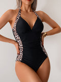 Emoswim-Maillot de bain une pièce pour femme, motif léopard, licou, col en V, sexy, contrôle du ventre, push-up, avec liens dorsaux