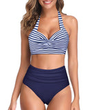Emoswim - Maillot de bain bikini deux pièces taille haute ruché à licou - Rayures bleues et blanches