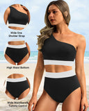Emoswim - One Shoulder High Waisted Bikini Sets Two Piece Swimsuit Tummy Control-Black White