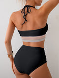 Emoswim – Zweiteiliger, hochtaillierter Bikini-Set mit Bauchkontrolle und Farbblock-Träger-Badeanzug