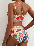 Emoswim - Women's High Waisted Bikini Sets One Shoulder Floral Print Swimsuits 2 piece Tummy Control Bathing Suits