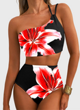 Emoswim - Women's High Waisted Bikini Sets One Shoulder Floral Print Swimsuits 2 piece Tummy Control Bathing Suits