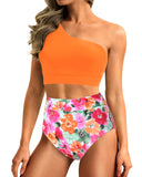 Emoswim - One Shoulder High Waisted Bikini Sets Two Piece Swimsuit Tummy Control-Orange Floral