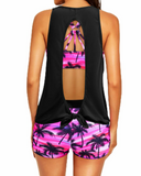 Emoswim - Women's 3 Piece Scoop Neck Criss Cross Tankini Swimsuits-Black Pink Palm Tree