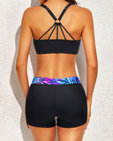 Emoswim - Women's 3 Piece Scoop Neck Criss Cross Tankini Swimsuits-Blue Purple Leaves