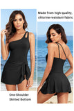 Emoswim - One Shoulder One Piece Swim Dress for Women Tummy Control Swimsuit with Skirt-Black