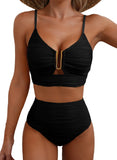 Emoswim-High-Waisted Tummy Control Bikini Set Textured U-Wire Cutout Swimwear HWTC2301-Black
