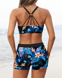 Emoswim – Damen 3-teiliger Tankini mit U-Ausschnitt und überkreuzten Trägern – Blau Rot