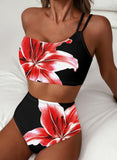 Emoswim - Women's High Waisted Bikini Sets One Shoulder Floral Print Swimsuits 2 piece Tummy Control Bathing Suits