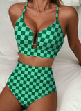 Emoswim - Summer Two Piece Bikini Set U-Wire Cutout High Waisted Swimsuit-Green Checkered