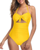 Emoswim - Chic High Waisted Halter Front Tie Knot One Piece Cutout Swimsuits-Neon Yellow