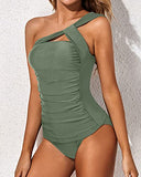 Emoswim - Sexy One Shoulder Swim Top Two Piece Tankini Bathing Suits For Women-Olive Green