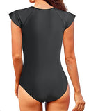 Emoswim - Women's High Neck Short Sleeve One Piece Rash Guard-Black