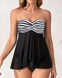 Emoswim – Damen Mid Rise Neckholder Bandeau Tankini-Set mit ausgestelltem Oberteil – Schwarz-Weiß gestreift