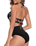 Emoswim - Two Piece Highwaist Bikini Adjustable Clasp Hook Closure Bathing Suit-Black Orange Floral