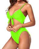 Emoswim - Maillot de bain une pièce à bretelles spaghetti, nœud ajustable à l'avant et col en V - Vert néon