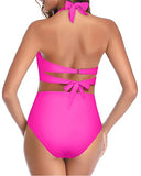 Emoswim - Maillots de bain bikini pour femmes avec panneau frontal plissé taille haute - Rose néon