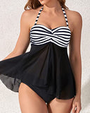 Emoswim – Damen Mid Rise Neckholder Bandeau Tankini-Set mit ausgestelltem Oberteil – Schwarz-Weiß gestreift