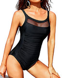 Emoswim - Vintage Tummy Control Mesh One Piece Swimsuits Padded Push Up Bra-Black