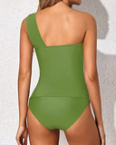 Emoswim - Women's 2 Piece Asymmetrical Tankini One Shoulder Top & Shorts-Light Yellow Green