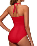 Emoswim - Ruched Pattern Swimsuits Halter Vintage Swimwear-Red