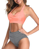 Emoswim - Figure-Flattering High Cut Legs Women's Bikini Swimsuits-Coral Pink Stripe