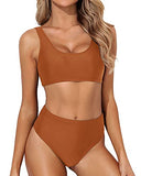 Emoswim - Maillot de bain deux pièces rembourré amovible col rond pour femme - Marron