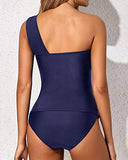 Emoswim - Flattering Two Piece One Shoulder Swim Top Shorts-Navy Blue