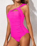 Emoswim - Eleganter Ruched One Shoulder Tankini-Badeanzug mit Shorts – Neonpink