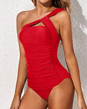 Emoswim – Damen Tankini Asymmetrisches One-Shoulder-Oberteil & Shorts – Rot