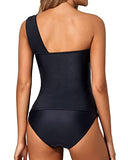 Emoswim - Asymmetrischer Schnitt & Bauchkontrolle Zweiteiliger Tankini Badeanzug für Damen-Schwarz