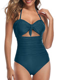 Emoswim - Maillot de Bain Une Pièce Sexy Découpé à Col Halter Amovible et Ajustable - Bleu Canard