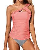 Emoswim - Women's Asymmetrical One Shoulder Tankini Shorts-Coral Pink Stripe